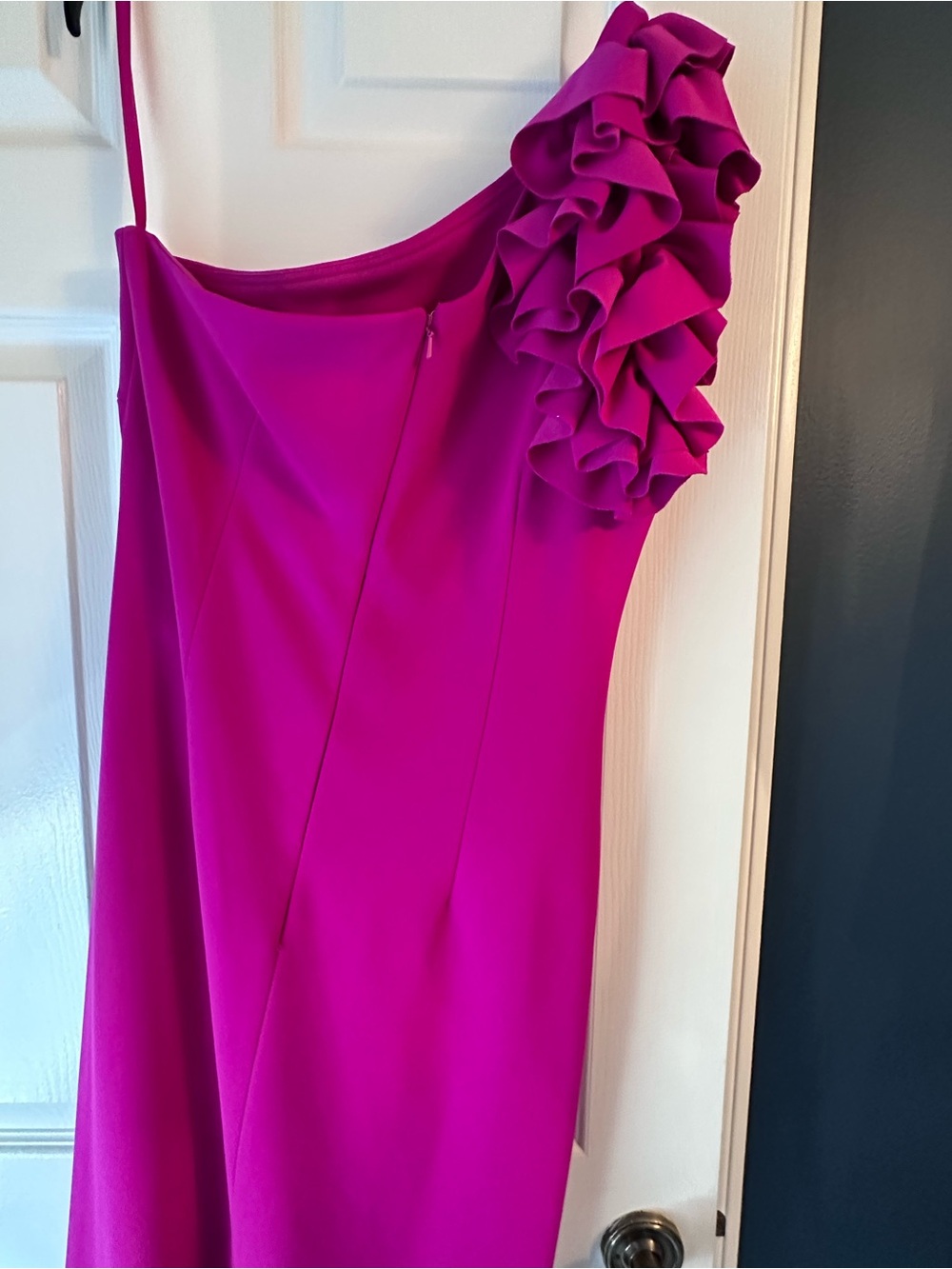 Xscape One-Shoulder Ruffle Fuchsia Gown - Picture 4 of 7